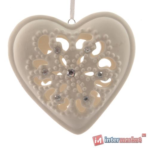 Декор Сердце из фарфора белое кружевное со стразами d10,5x3cm